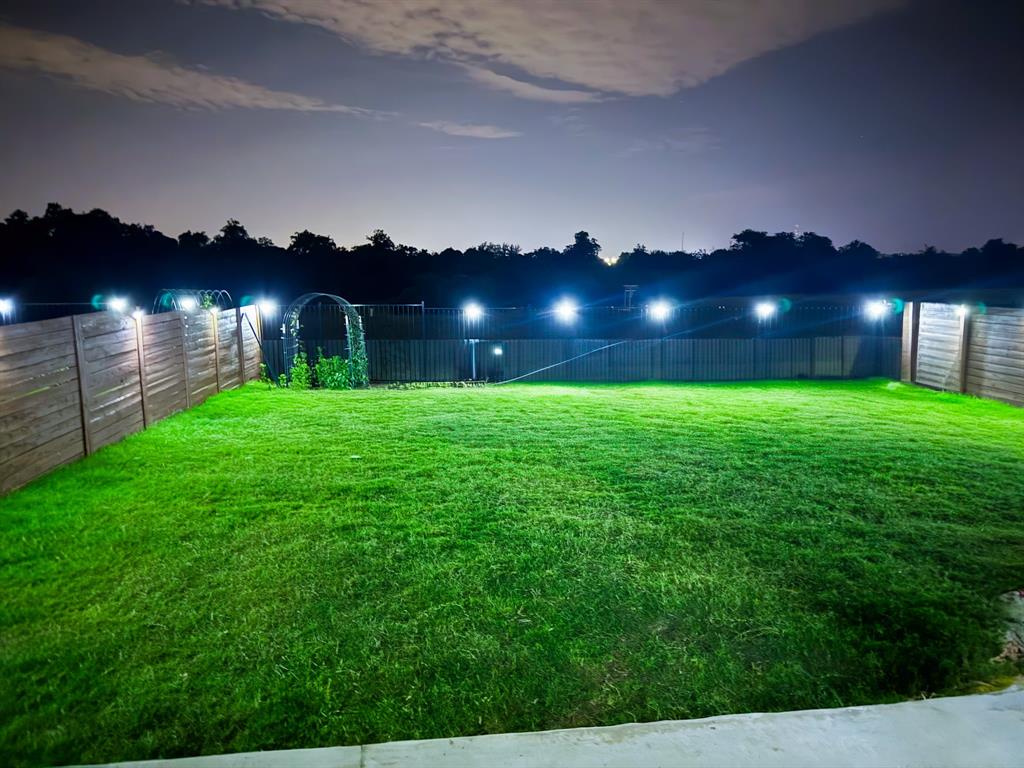 332 Turnbuckle Bend Leander, TX 78641 - Photo 34 of 34 Expansive green lawn enclosed by wood privacy fencing and a metal archway, featuring integrated lighting