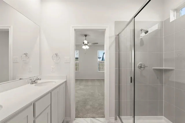 a bathroom with a shower sink and mirror