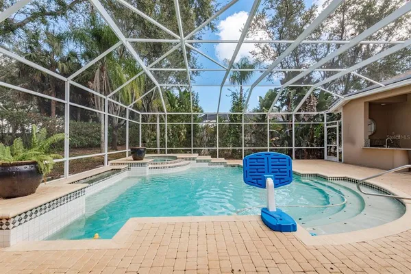 a view of a park with large trees