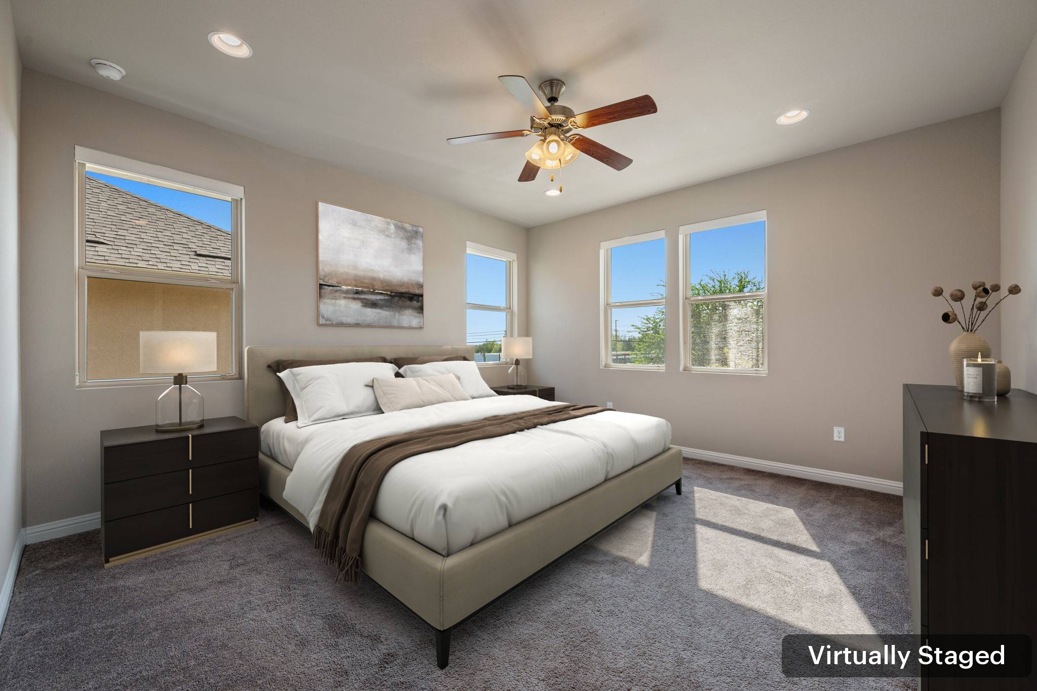 6814 East Riverside Drive, Unit 55 Austin, TX 78741 - Photo 17 of 31 Carpeted bedroom with recessed lighting and ceiling fan