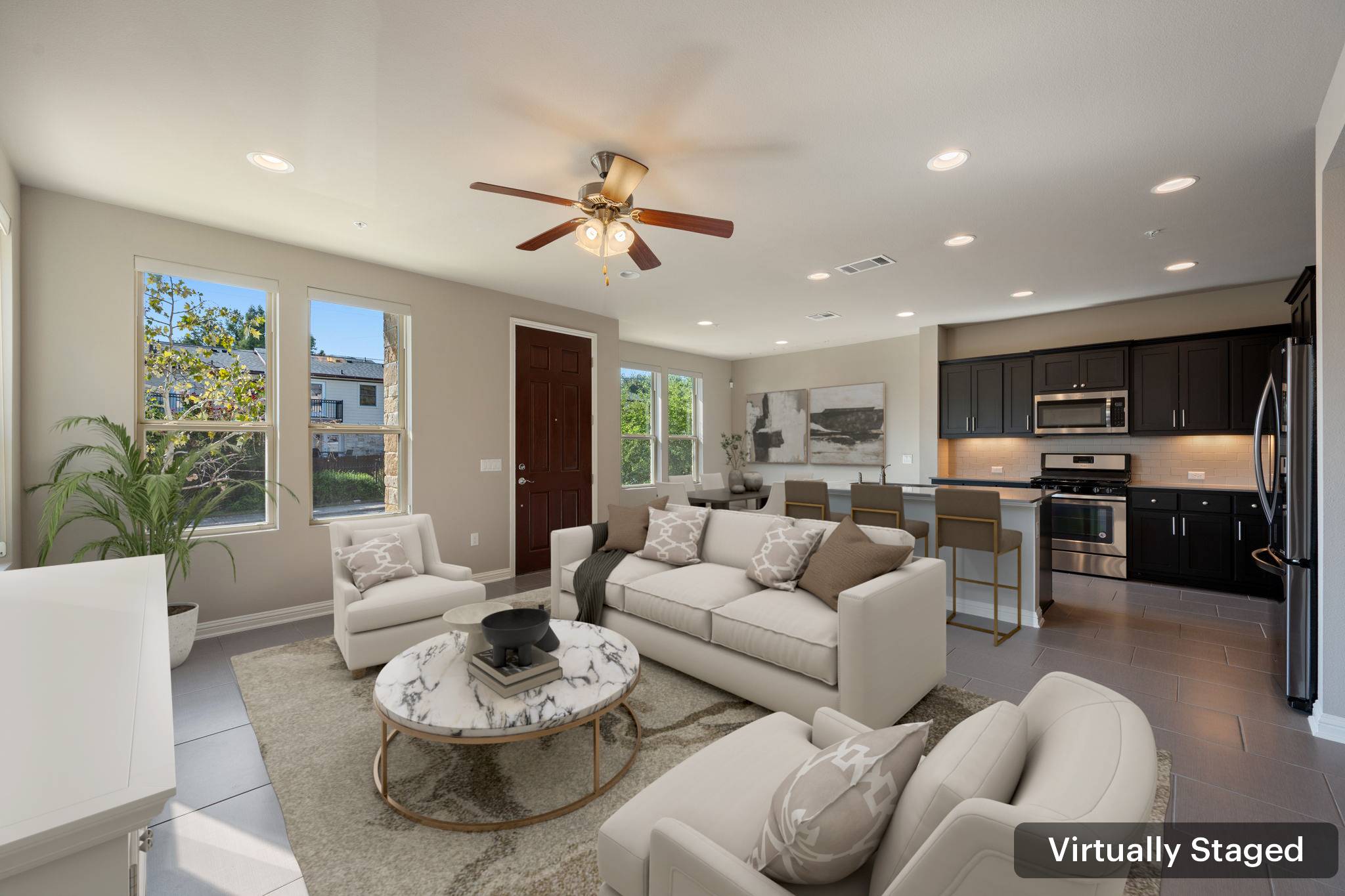 6814 East Riverside Drive, Unit 55 Austin, TX 78741 - Photo 6 of 31 Living area with recessed lighting, light tile patterned floors, and ceiling fan