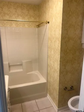 a bathroom with a shower and a toilet