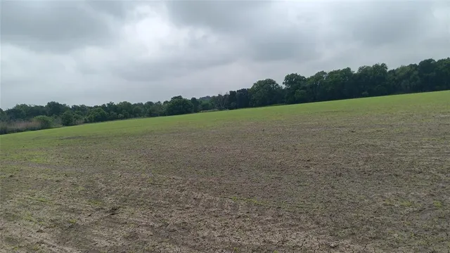 a view of a field with an ocean in the background