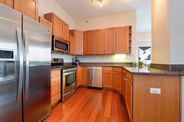 230 West Division Street, Unit 1005 Chicago, IL 60610 - Photo 4 of 15 a kitchen with stainless steel appliances granite countertop a refrigerator a sink and a stove