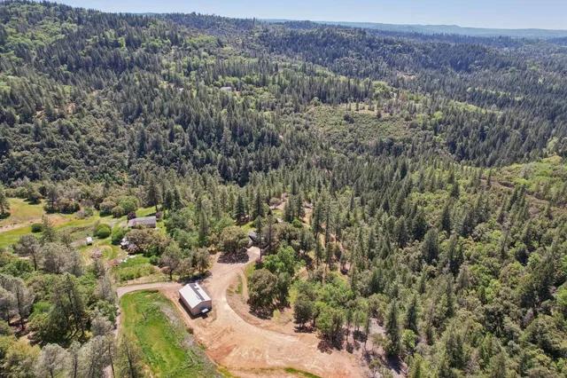 an aerial view of residential house with outdoor space and trees all around