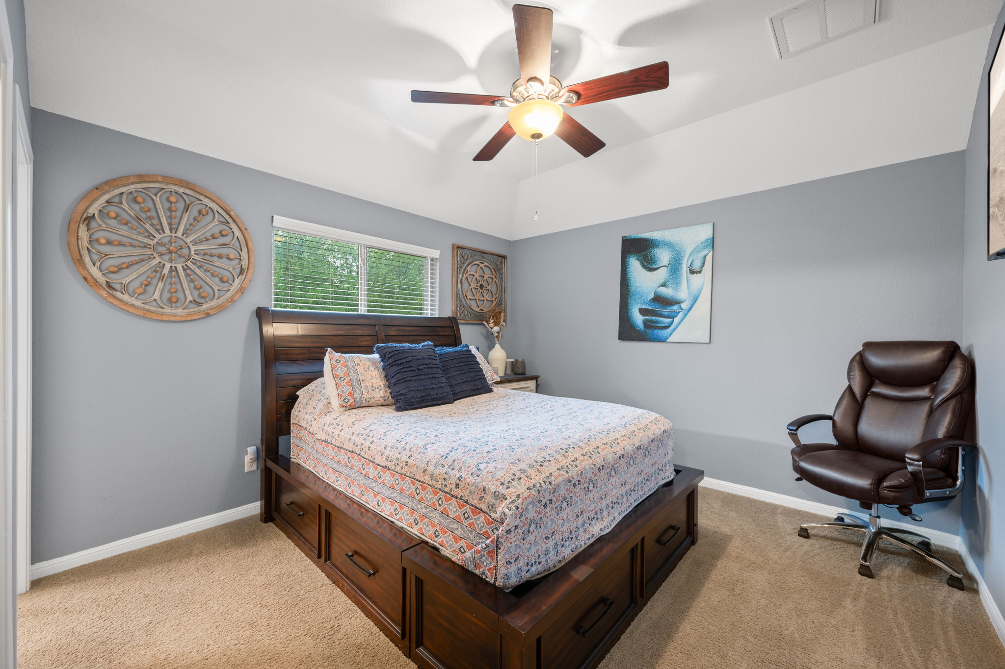 12109 Montclair Bend Austin, TX 78732 - Photo 29 of 39 Carpeted bedroom featuring a vaulted ceiling with a ceiling fan light fixture