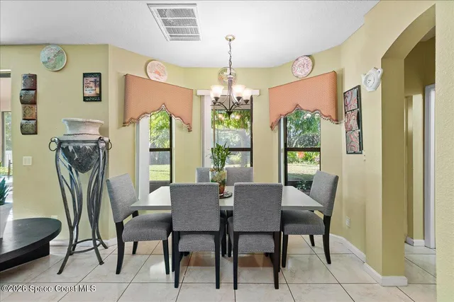 a view of a dining room with furniture window and outside view