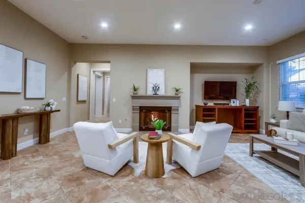 a living room with furniture a potted plant and a fireplace