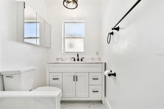 a bathroom with a sink a toilet and a mirror