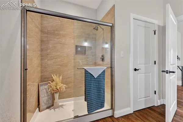 a bathroom with a shower and a sink
