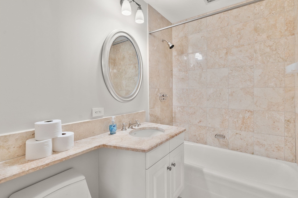 1 Avery Street, Unit 33A Boston, MA 02111 - Photo 24 of 29 a bathroom with a sink vanity granite tub and a mirror