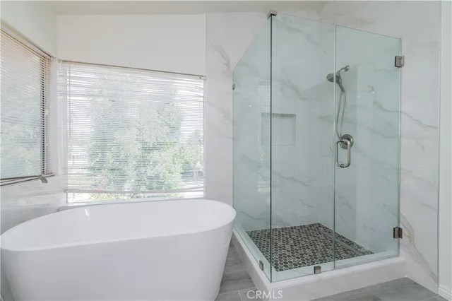 a bathroom with a bath tub and shower