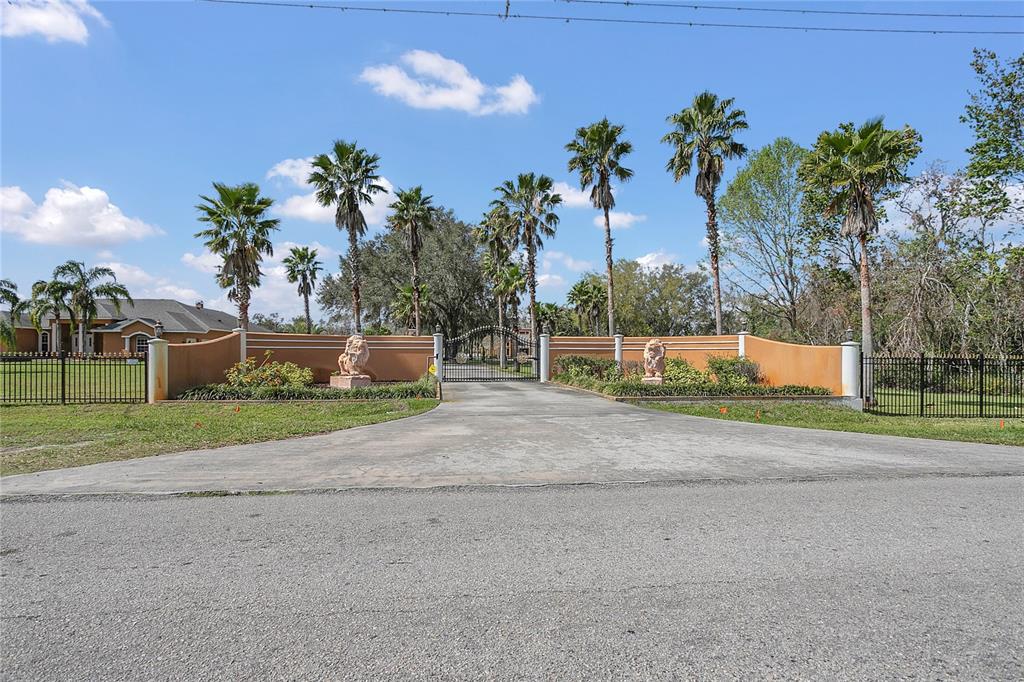 4807 Booth Road Plant City, FL 33565 - Photo 81 of 90 The gated entrance on Cork Rd features a solar-powered automatic gate, with regal lion statues adorning the sides.
