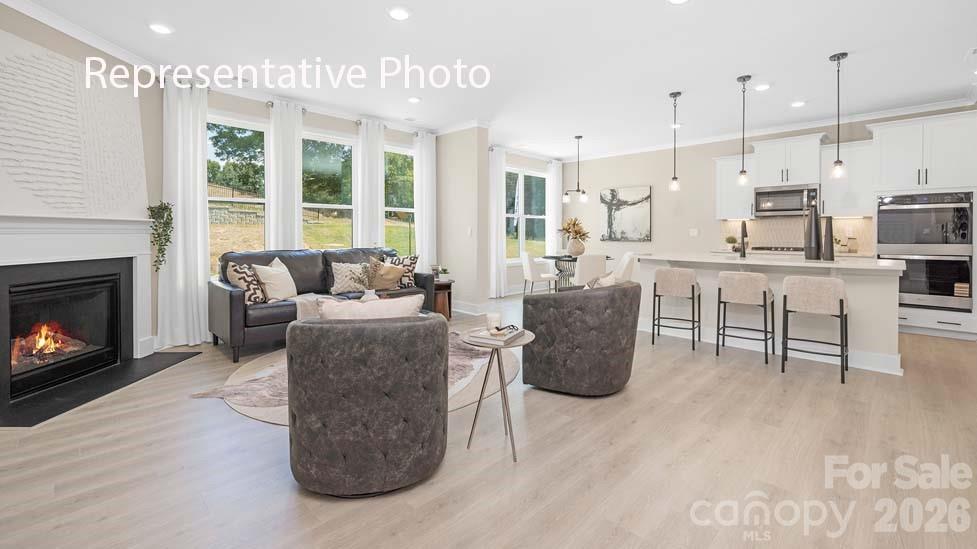 3040 Canvasback Way Indian Trail, NC 28079 - Photo 8 of 27 a living room with furniture a fireplace and a kitchen view