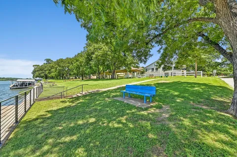 a view of a park with large trees