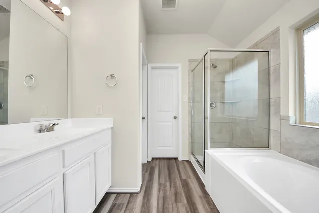a bathroom with a sink a mirror and a bathtub