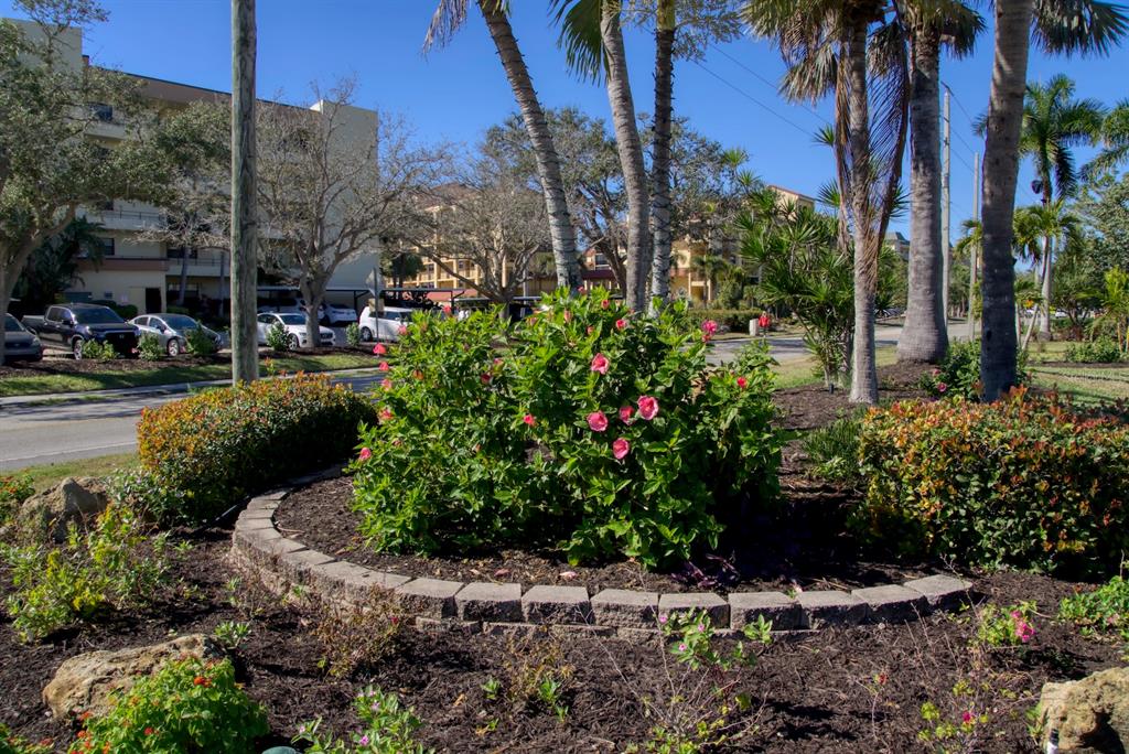 8767 Midnight Pass Road, Unit 101F Sarasota, FL 34242 - Photo 56 of 63 a view of a garden with a fountain and a bench
