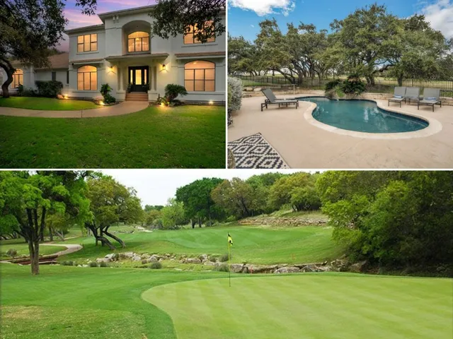 a view of a swimming pool with outdoor seating and yard