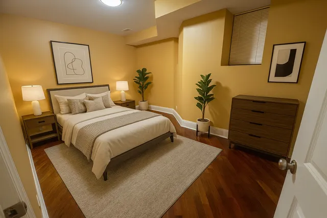 a bedroom with a bed and a dresser