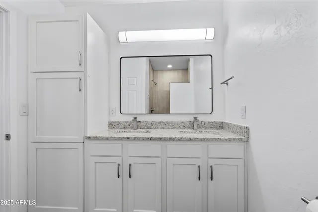 a bathroom with a granite countertop sink vanity and mirror