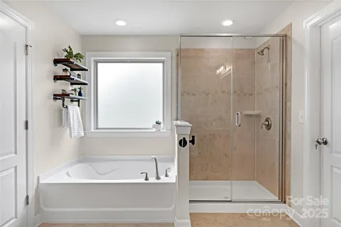 a bathroom with a bathtub and a shower