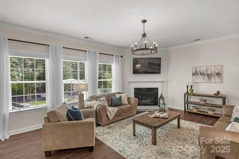 a living room with furniture a fireplace and a floor to ceiling window