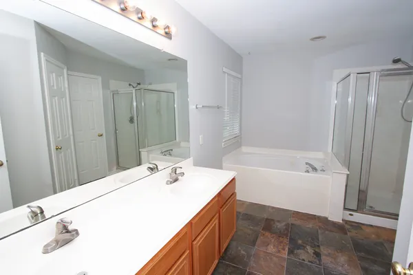 a bathroom with a tub sink and mirror
