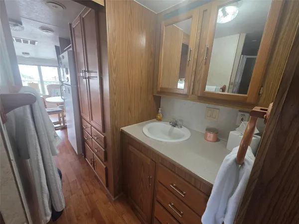 a bathroom with a sink a mirror and a shower