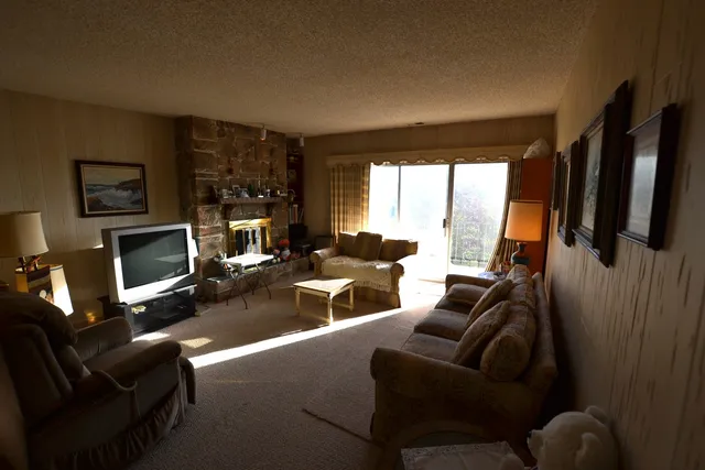a living room with furniture and a fireplace