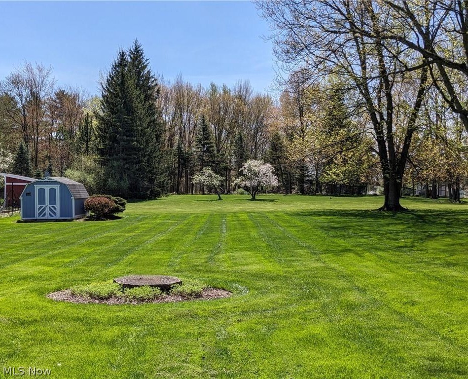 2800 Hillside Road Seven Hills, OH 44131 - Photo 17 of 18 Expansive green lawn featuring a blue storage shed, mature trees, and a blooming tree