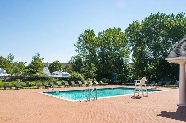 a park view with a bench under large trees