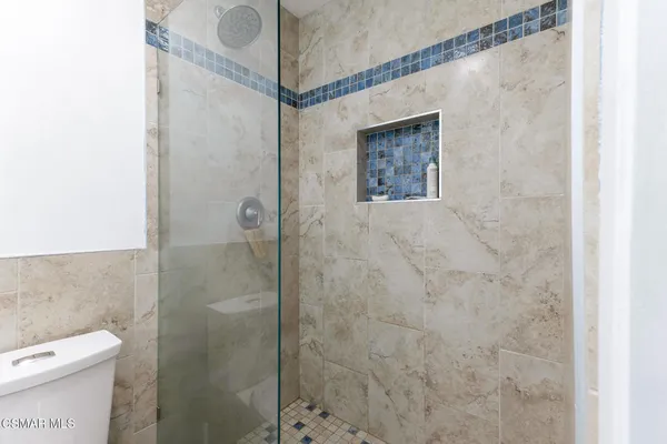 a bathroom with a shower and toilet