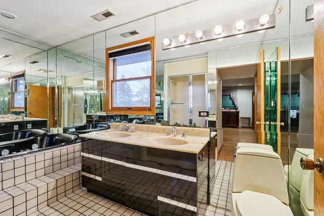 a bathroom with a sink a toilet a mirror and shower