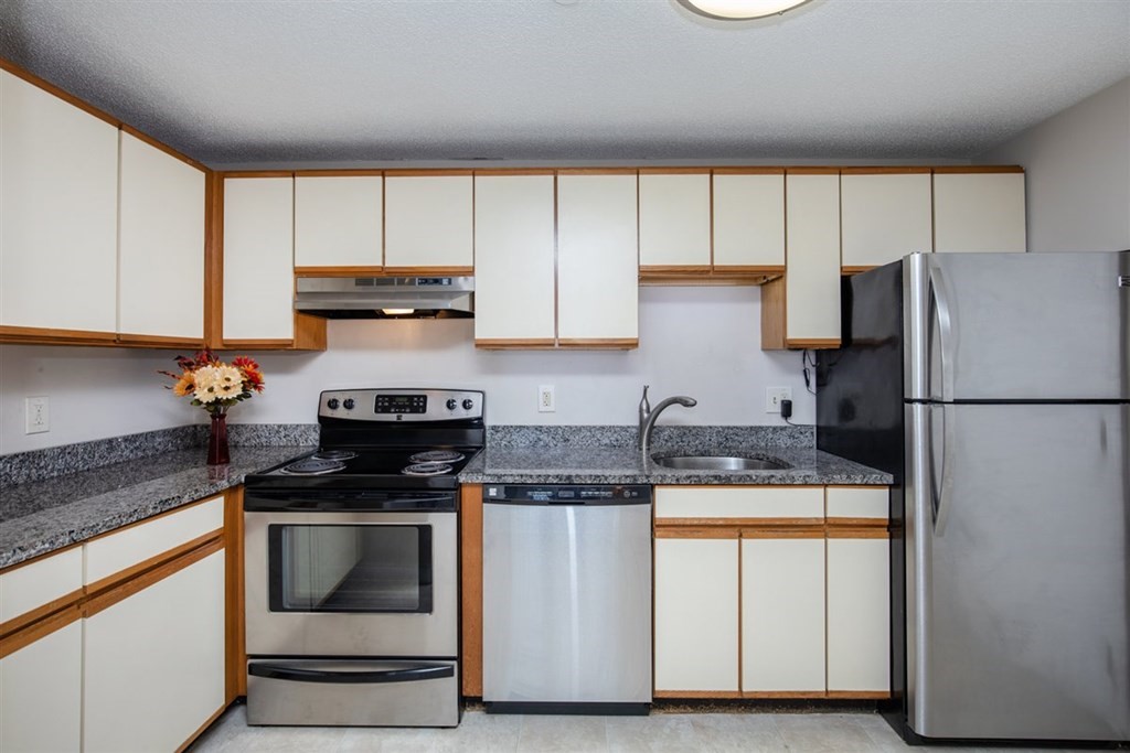 35 Prospect Street, Unit 301 Woburn, MA 01801 - Photo 6 of 19 a kitchen with stainless steel appliances granite countertop white cabinets and a stove top oven