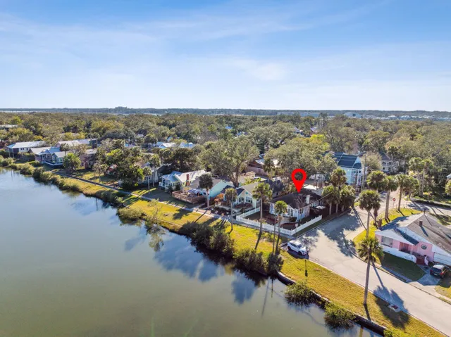 a view of a lake with a garden