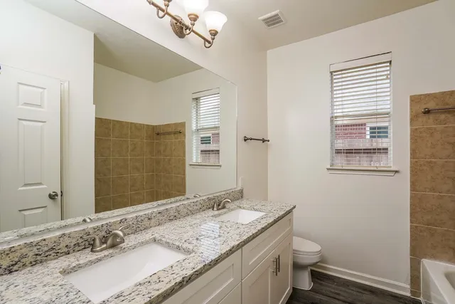 a bathroom with a granite countertop sink a toilet and a mirror