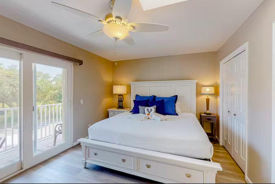 241 Ellis Road, Unit 8 Miramar Beach, FL 32550 - Photo 15 of 29 a bedroom with a large bed and a chandelier
