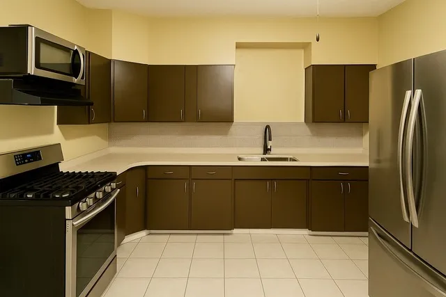 a kitchen with a refrigerator and a sink
