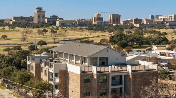a city view with tall buildings