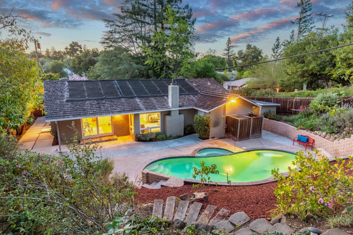 14920 Jerries Drive Saratoga, CA 95070 - Photo 22 of 34 an aerial view of a house with swimming pool and a yard