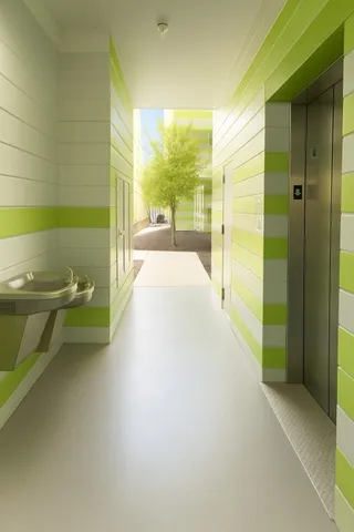 a yellow and white building with a outdoor space