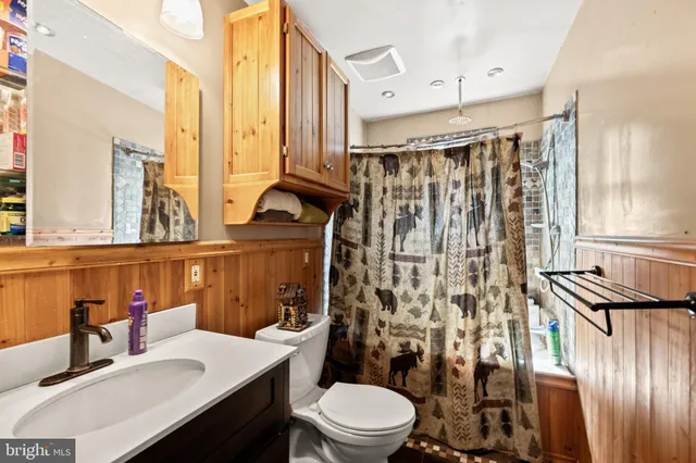 a bathroom with a sink a toilet a mirror and shower