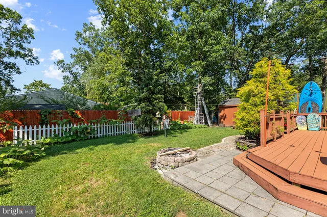 a view of a garden with a bench and trees