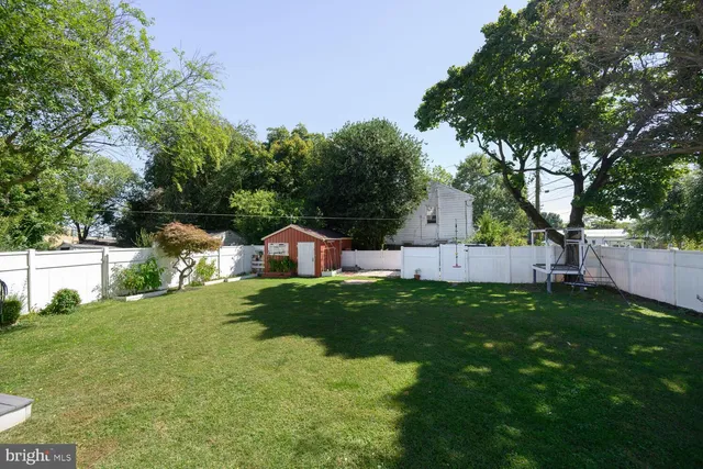 a view of a tiny house with a yard and a large tree