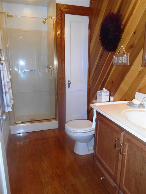 235 Cochran Road Pittsburgh, PA 15228 - Photo 11 of 25 Main level bath with beautiful wood walls, a walk in shower and an updated vanity!