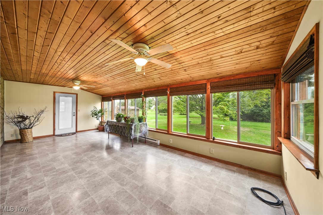 10 Kehner Road Mogadore, OH 44260 - Photo 13 of 32 Unfurnished sunroom with wood ceiling, ceiling fan, and baseboard heating