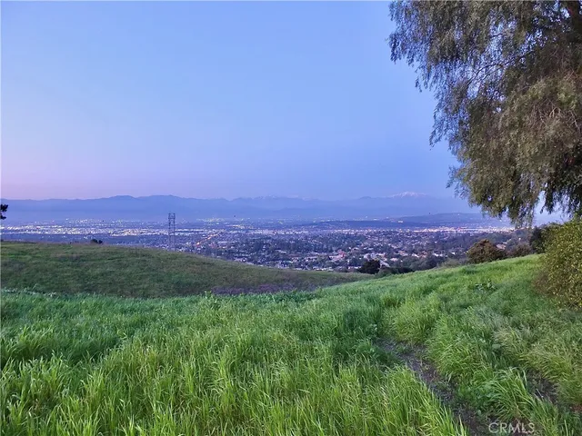 a view of a lush green outdoor space with a swimming pool and valleys in the background