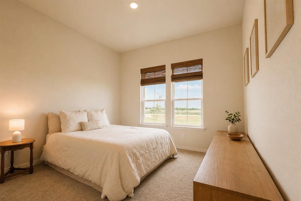 1530 County Road 200 Valley View, TX 76272 - Photo 28 of 34 Bedroom featuring twin windows with woven shades, recessed lighting, and neutral-toned carpeting