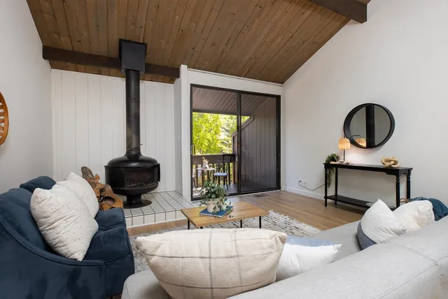 a living room with furniture a window and a potted plant
