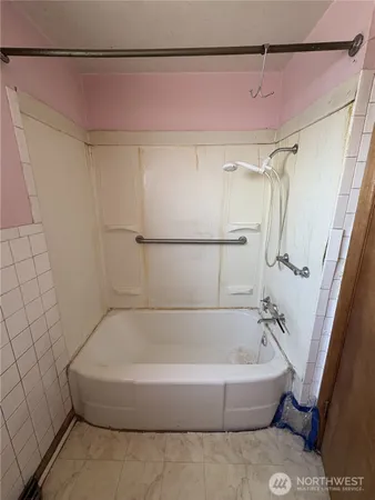 a bathroom with a bathtub and a shower